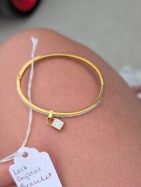 Gold Crystal Padlock Bangle Bracelet - Women's Jewelry